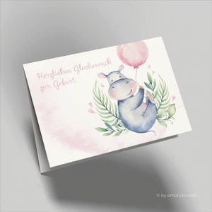 Jolie carte de naissance (carte pliante) | Ballon hippopotame mignon | Carton premium de haute qualité | Avec enveloppe | Toucher agréable (170 mm x 115 mm)