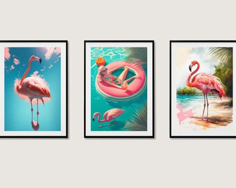 Set of 3 Flamingo Images - Print Digital Download