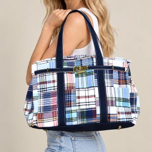 Vintage Madras Patchwork Canvas Boat Tote Bag | Preppy Canvas Bag with Luxury Lock Detail | Sturdy Travel Beach Weekender Handbag