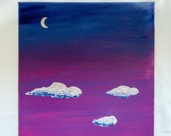 Moody Night • Original Acrylic Canvas Painting • Landscape Scenery • Cloudy Sky • Moon at Night