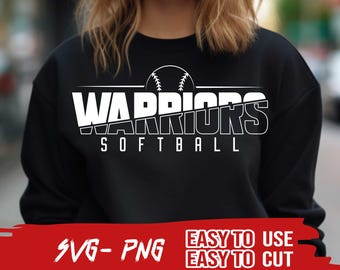 Archivo SVG y PNG de sóftbol de los Warriors, archivo PNG de mascota, SVG de equipo escolar, fanático de los Warriors, en capas, para planchar