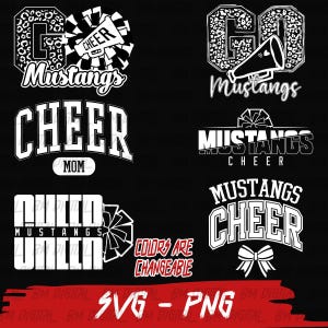 Ensemble Mustangs Cheer, 6 x SVG et 6 x PNG, conception de l&#39;équipe de l&#39;école, mascotte Svg, pom-pom girl Mustangs, éventail de Mustangs, superposition, repassage