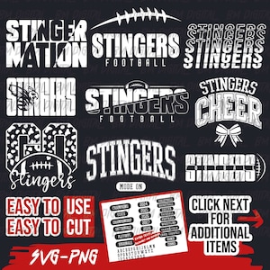 Puede incluir: Un conjunto de diseños digitales en blanco y negro para un equipo deportivo llamado "Stingers". Los diseños incluyen el nombre del equipo, "Stingers", con diferentes variaciones, incluyendo "Stingers Football", "Stingers Cheer" y "Stingers Nation". También hay diseños para diferentes deportes, incluyendo fútbol americano, porristas y voleibol. Los diseños son fáciles de usar y cortar, y están disponibles en formatos SVG y PNG.