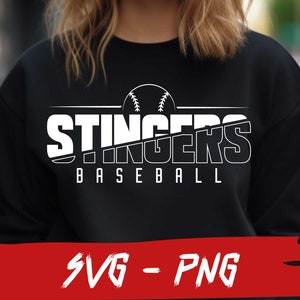 May include: A black sweatshirt with a white graphic design that says "STINGERS BASEBALL" with a baseball and a diagonal line.