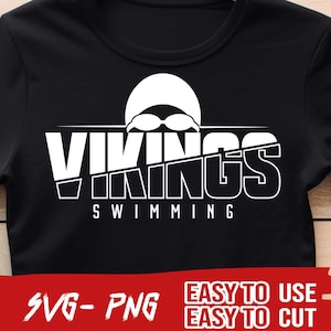 May include: Black t-shirt with a white graphic of a swimmer wearing goggles and the text "VIKINGS SWIMMING".