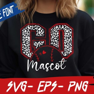 May include: Black sweatshirt with a white and black leopard print design that says "Go Mascot" in red and white lettering. The letters are outlined in red. The design includes a baseball with red stitching and two red hearts.