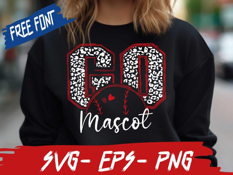 May include: Black sweatshirt with a white and black leopard print design that says "Go Mascot" in red and white lettering. The letters are outlined in red. The design includes a baseball with red stitching and two red hearts.