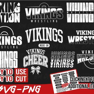 May include: A selection of white text designs on a black backdrop, showcasing the word "Vikings" in diverse styles. Some designs incorporate "Wrestling" and "Cheer". Additional text includes "Easy to Use, Easy to Cut" and "SVG-PNG".