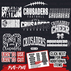 May include: A digital collection of white graphic designs featuring the word Crusaders, football imagery, cheer text, and a bow. Includes text elements like Champions, State, and various sports, plus an alphabet and numbers set on a dark background.