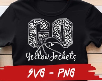 May include: Black t-shirt with a white graphic of a basketball with a leopard print "60" and the text "Yellow Jackets" below. The text "SVG - PNG" is at the bottom of the image.