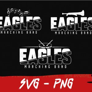 Pu&ograve; includere: Tre diversi design per un logo di banda musicale. Ogni design presenta la parola "Eagles" con le parole "Marching Band" sotto. Il primo design presenta note musicali, il secondo presenta una tromba e il terzo presenta un tamburo.