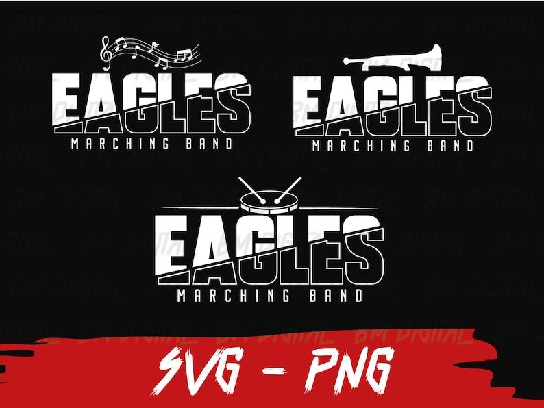 Pu&ograve; includere: Tre diversi design per un logo di banda musicale. Ogni design presenta la parola "Eagles" con le parole "Marching Band" sotto. Il primo design presenta note musicali, il secondo presenta una tromba e il terzo presenta un tamburo.