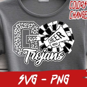 May include: A gray t-shirt with a white graphic design that says "Go Trojans" with a cheerleader's pom-pom and megaphone. The text "Colors are changeable" is in the top right corner of the image.