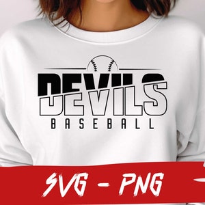 May include: A white sweatshirt with a black and white graphic design that says "DEVILS BASEBALL" with a baseball graphic above the text.