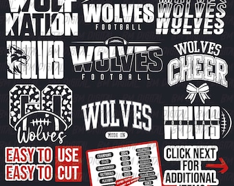 May include: A digital download of 10 SVG files featuring various designs for a sports team called "Wolves". The designs include a wolf head, a football, and the words "Wolves Football" and "Wolves Cheer". The designs are in black and white and are easy to use and cut.