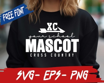 Könnte beinhalten: Schwarzes Sweatshirt mit weißem Text, der "XC your school MASCOT CROSS COUNTRY" lautet. Der Text ist in einer fetten, serifenlosen Schrift. Das Sweatshirt wird von einer Person getragen.
