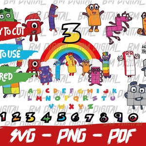 Numberblocks Svg Bundle, Birthday Cartoon Png-Svg, Layered Number blocks, Clipart, Sublimation, PDF, 26 Alphabet and 10 Numbers