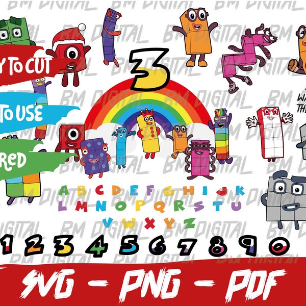 Numberblocks Svg Bundle, Birthday Cartoon Png-Svg, Layered Number blocks, Clipart, Sublimation, PDF, 26 Alphabet and 10 Numbers,