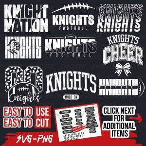 Knights Football Bundle, 9x SVG and 18x PNG File , School Team Svg, Knights Silhouette, Knights Cheer, Iron On, Layered