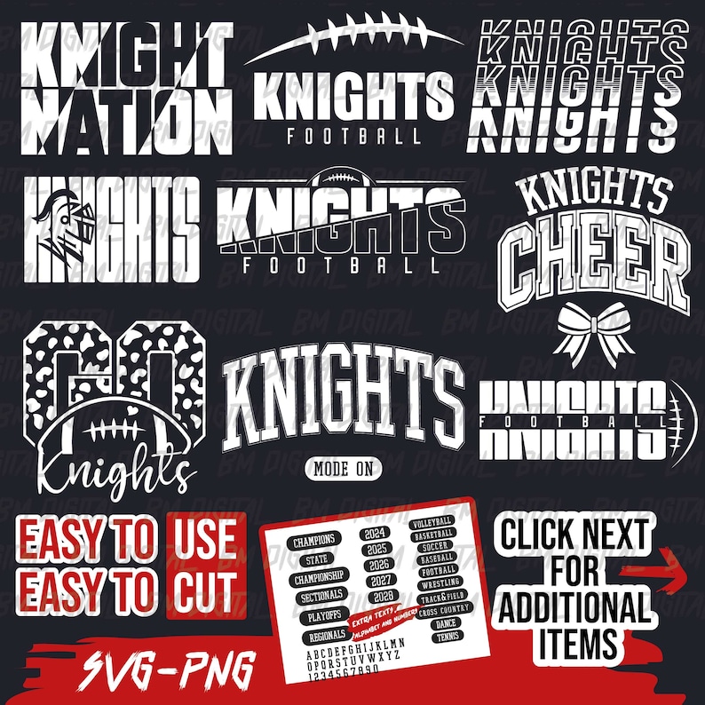 Knights Football Bundle, 9x SVG and 18x PNG File , School Team Svg, Knights Silhouette, Knights Cheer, Iron On, Layered image 1