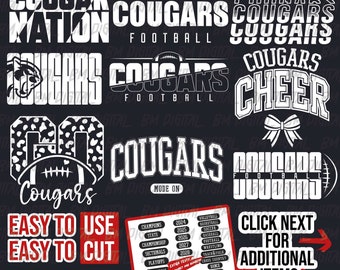 Cougars Football Bundle, 9x SVG and 18x PNG File , School Team Svg, Cougars Silhouette, Cougars Cheer, Iron On, Layered