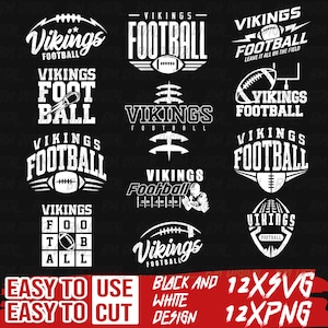 Może przedstawiać: Kolekcja dwunastu białych wzorów graficznych na czarnym tle z napisem Vikings Football, różnymi ilustracjami futbolowymi, słupkami bramek i liniami boiska. Dolny tekst brzmi Easy to use, black and white design, 12xSVG, 12xPNG.