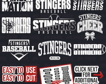 Paquete de béisbol de los Stingers, archivo SVG 9x y PNG 18x, equipo escolar Svg, silueta de los Stingers, porristas de los Stingers, planchado, en capas