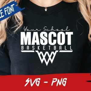 May include: Black sweatshirt with white text that reads "Your School Mascot Basketball" with a basketball net graphic. The text is in a handwritten font.