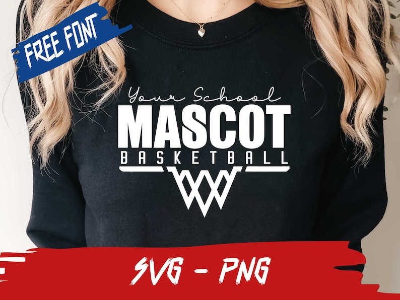 May include: Black sweatshirt with white text that reads "Your School Mascot Basketball" with a basketball net graphic. The text is in a handwritten font.