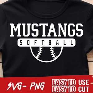 May include: Black t-shirt with white text that reads "Mustangs Softball" and a white softball graphic.