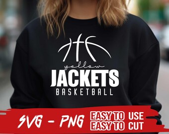 Op de afbeelding: Een zwart sweatshirt met een wit basketbalontwerp en de tekst "Yellow Jackets Basketball". Het ontwerp bevat een basketbal met lijnen die de naden van de bal voorstellen. De tekst is in een vetgedrukt, sans-serif lettertype. Het sweatshirt is een populair item voor sportfans en perfect om teamspirit te tonen.