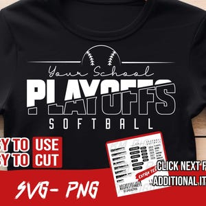 Puede incluir: Diseño gráfico en blanco y negro para los playoffs de un equipo de softbol. El diseño presenta una pelota de béisbol, el texto "Your School Playoffs Softball" y las palabras "Fácil de usar" y "Fácil de cortar".