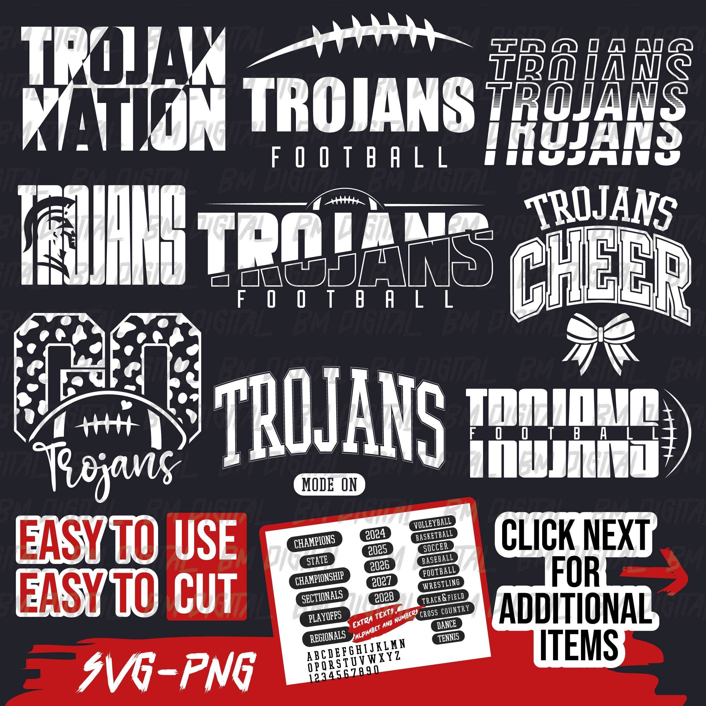 Trojans Football Bundle, 9x SVG and 18x PNG File , School Team Svg, Trojans Silhouette, Trojans Cheer, Iron On, Layered