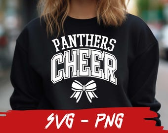 May include: Black sweatshirt with white text that reads "Panthers Cheer" and a white bow underneath. The text is in a bold, blocky font.  SVG - PNG.