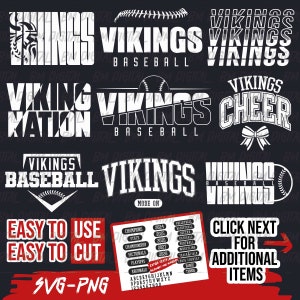 Pakiet baseballowy Vikings, 9x plik SVG i 18x plik PNG, plik drużyny szkolnej SVG, sylwetka Vikings, doping Vikings, do prasowania, warstwowy