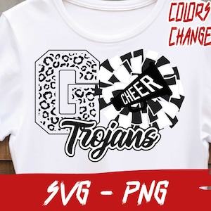 May include: White t-shirt with a black and white graphic design. The graphic features a large letter "G" with a leopard print pattern, the word "Trojans" in a stylized font, and a black and white cheerleader pom-pom with a megaphone that says "Cheer".