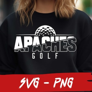 Puede incluir: Sudadera negra con un diseño gráfico blanco de una bola de golf y el texto "APACHES GOLF".