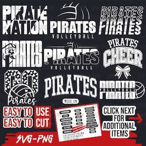 Pirates Volleyball Bundle, 9x SVG and 18x PNG File, School Team Svg, Pirates Silhouette, Pirates Cheer, Iron On, Layered