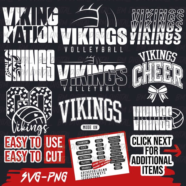 Paquete de voleibol Vikings, 9 archivos SVG y 18 archivos PNG, SVG de equipo escolar, silueta de los Vikings, porristas de los Vikings, para planchar, en capas.