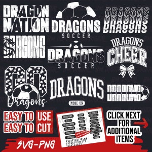 Dragons Soccer Bundle, 9x SVG and 18x PNG File, School Team Svg, Dragons Silhouette , Dragons Cheer, Iron On, Layered