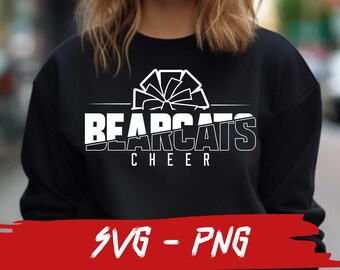 Bearcats Cheer SVG- en PNG-bestand, cheerleadershirt, mascotte png-bestand, schoolteam Svg, Bearcats-fan, gelaagd, opstrijkbaar