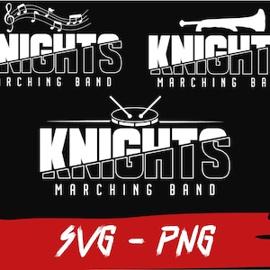 May include: Black and white graphic design with the text "Knights Marching Band" in a bold, stylized font. The design features a drum, a trumpet, and musical notes.