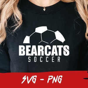 May include: Black sweatshirt with a white soccer ball graphic and the text "Bearcats Soccer" in white.