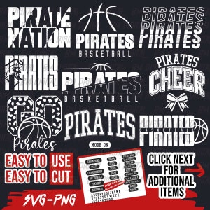 May include: A digital download of SVG and PNG files for a basketball team design. The design features the word "Pirates" in various styles and fonts, including "Pirate Nation", "Pirates Basketball", and "Go Pirates". The design also includes a basketball with a leopard print pattern, a cheer bow, and a basketball hoop. The design is perfect for creating custom t-shirts, mugs, and other merchandise.