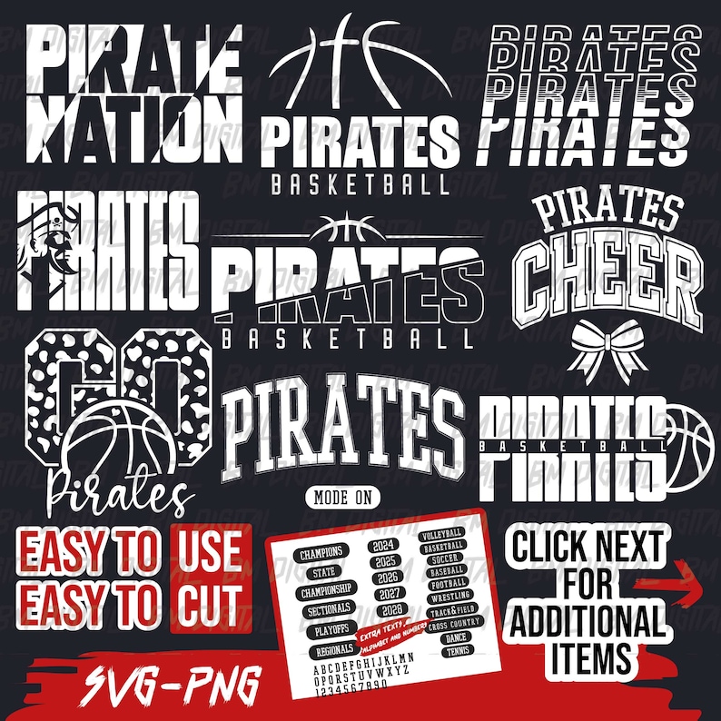 May include: A digital download of SVG and PNG files for a basketball team design. The design features the word "Pirates" in various styles and fonts, including "Pirate Nation", "Pirates Basketball", and "Go Pirates". The design also includes a basketball with a leopard print pattern, a cheer bow, and a basketball hoop. The design is perfect for creating custom t-shirts, mugs, and other merchandise.