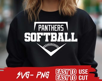 May include: Black sweatshirt with white text that reads "Panthers Softball" inside a white baseball diamond shape. The text "SVG - PNG" and "Easy to Use Easy to Cut" are at the bottom of the image.