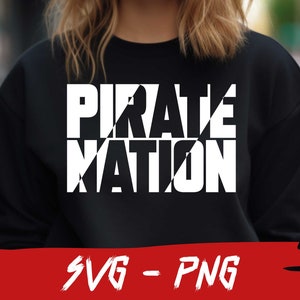 May include: Black sweatshirt with white text that reads "Pirate Nation" in a bold, graphic font. The text is broken up with diagonal lines, creating a visually interesting design.