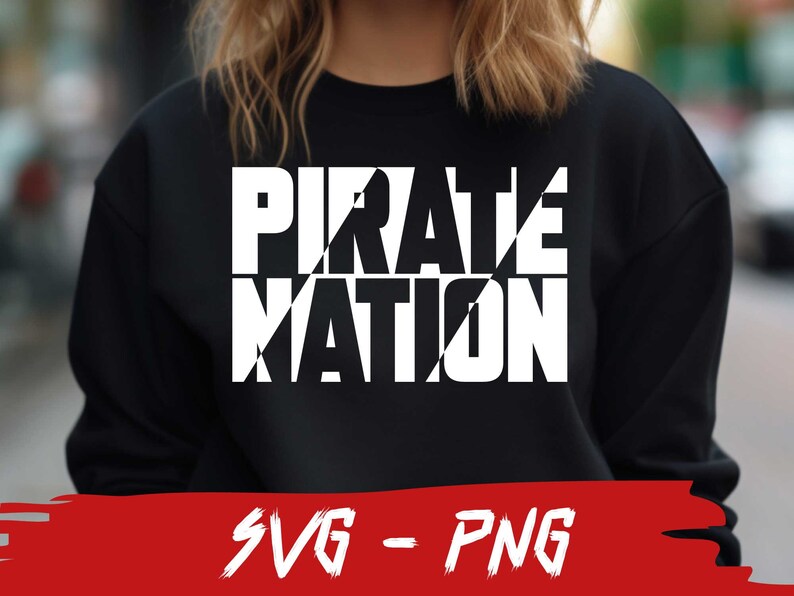 May include: Black sweatshirt with white text that reads "Pirate Nation" in a bold, graphic font. The text is broken up with diagonal lines, creating a visually interesting design.