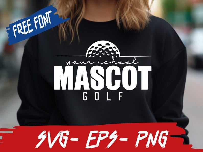 May include: Black sweatshirt with a white graphic design of a golf ball and the text "Your School Mascot Golf".