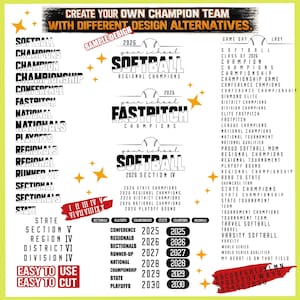 Editable Softball Champions Bundle, DIY Team Tournament Shirt Design,Custom & State Champions SVG PNG,+50x Editable Words Pack,Fastpitch Mom